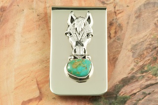 Genuine Number 8 Mine Turquoise set in Sterling Silver. Beautiful Sterling Silver Horse Design. Money Clip Created by a Member of the Navajo Tribe. 